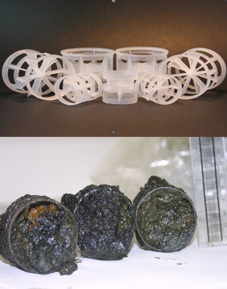 An image of packing material - Pall Rings &ndash; in clean state and also with biofouling built-up