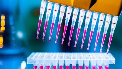 A laboratory scene featuring a pipettes filled with pink liquid samples from a beauty product, focused on testing peptides for cosmetic safety and quality.