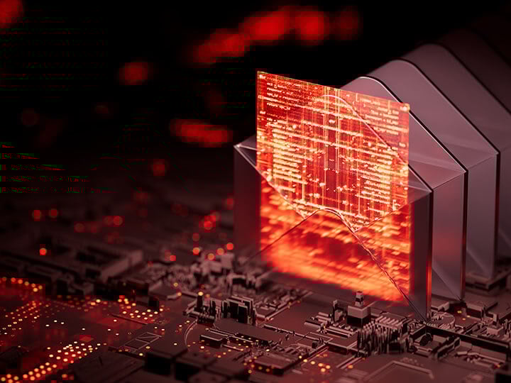 Cyber security ransomware concept of a digital email with red infected document coming out of the envelope