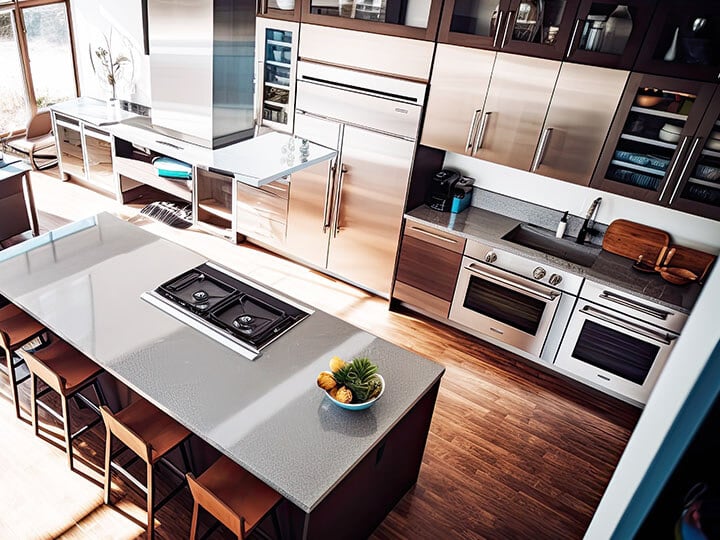 aerial view of a modern kitchen with island and stainless steel appliances