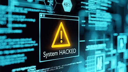 A computer popup box screen warning of a system being hacked, compromised software environment. 3D illustration.