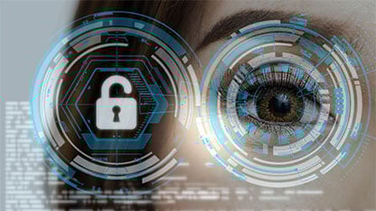 Closeup women eye being futuristic vision for biometric authentication to unlock security, digital technology screen over the eye vision background, security and command in the accesses. Surveillance and safety concept