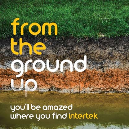 Patch of land going into a body of water, with the different soil patterns displayed below a patch of grass